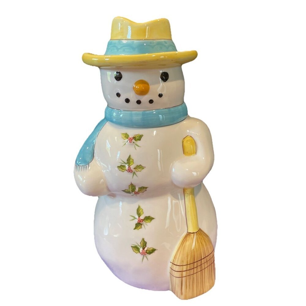 Christmas Gates Ware Snowman‎ Cookie Jar Canister Holiday Winter Floral Broom